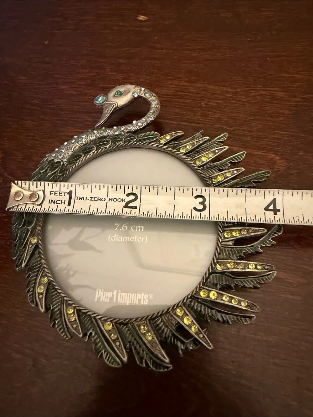 Pier 1 Imports Miniature Picture Frame Jeweled Swan 3” Round Metal And Enamel